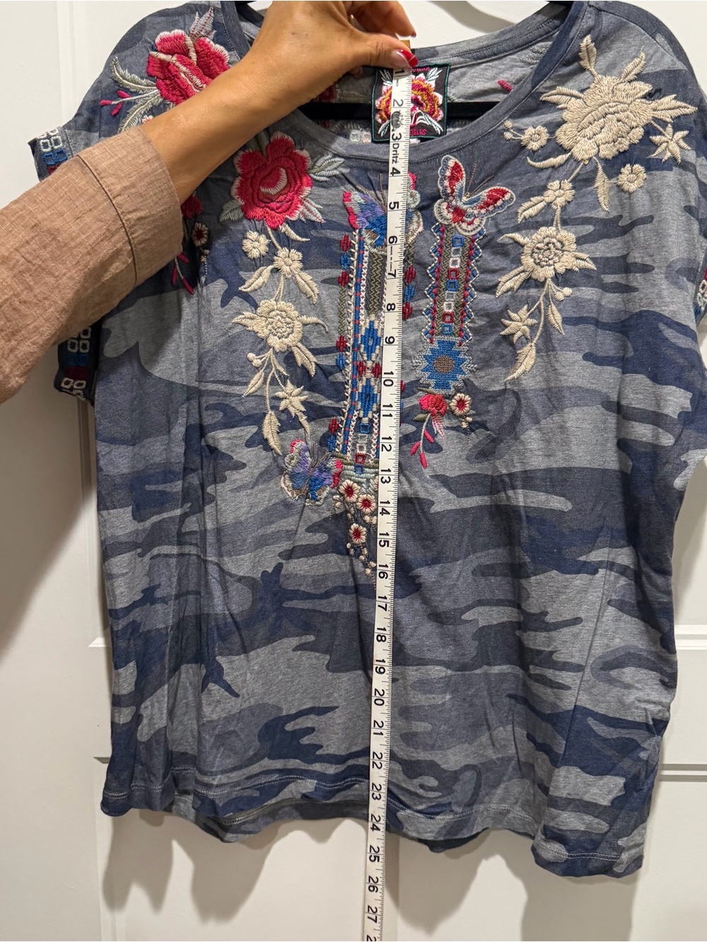 Johnny Was Blue Camo Tee with Multicolor Floral Embroidery - Picture 6 of 6